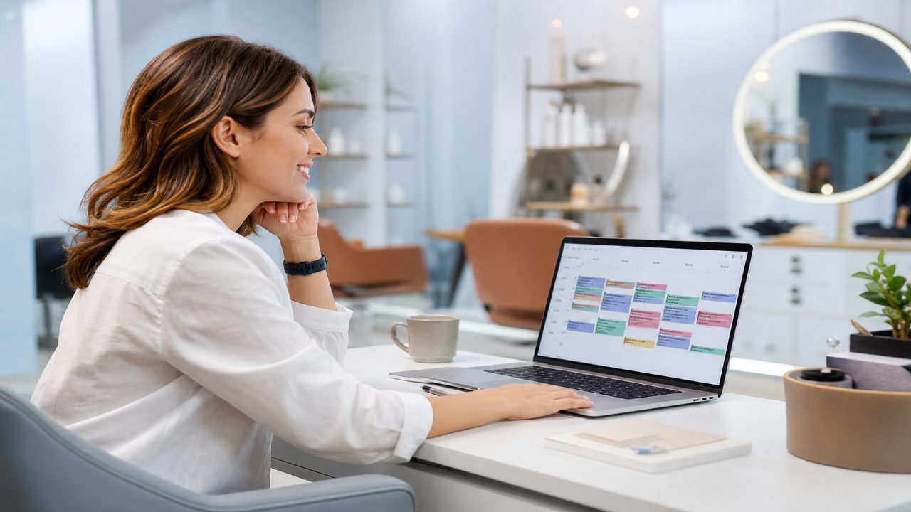 Proprietar de business care gestionează programările online pe laptop